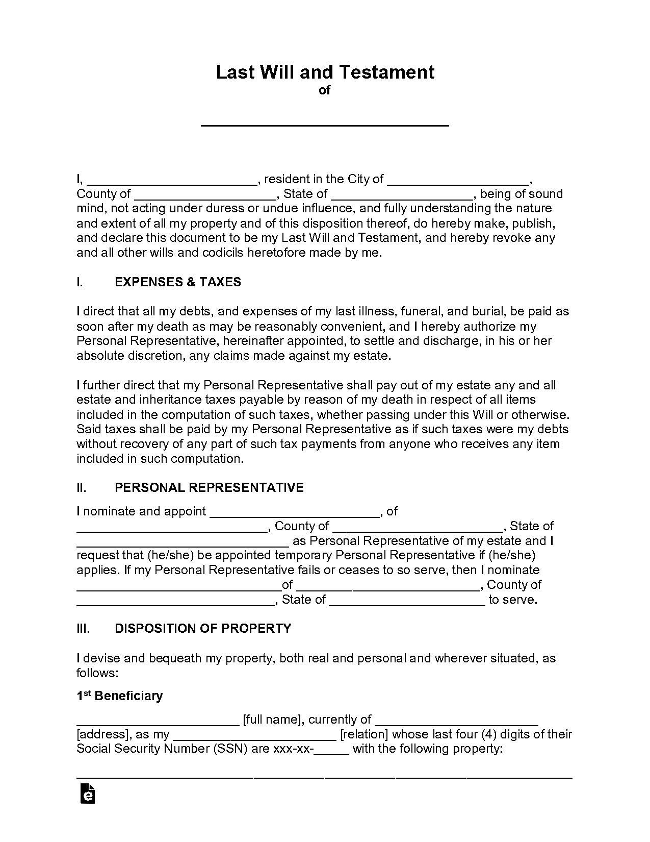 printable sample of last will and testament